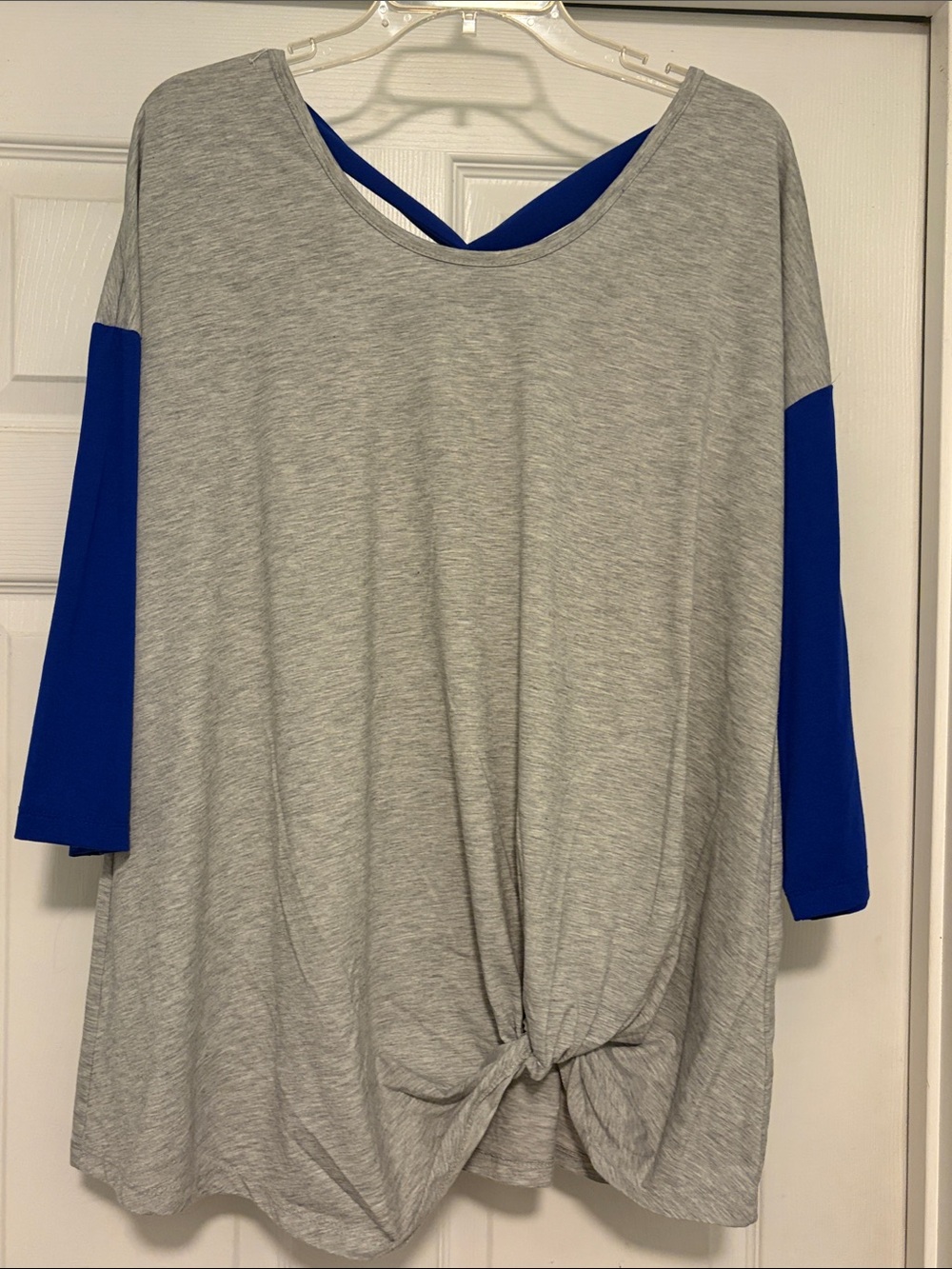Relaxed Gray Twist-Hem Tunic with Royal Blue 3/4 Sleeves